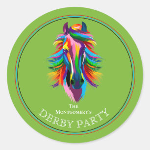Colorful Racehorse Derby Party Black Classic Round Sticker
