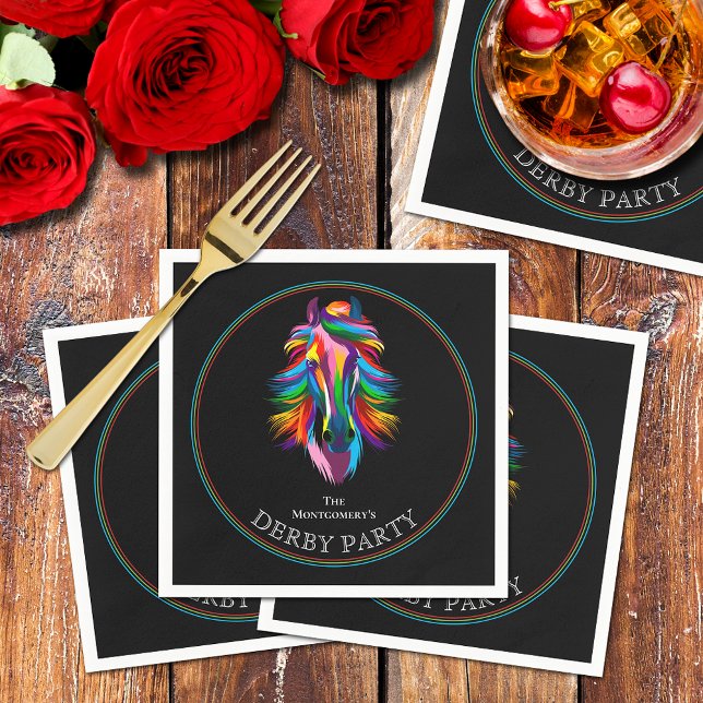 Colorful Racehorse Derby Party Napkins (Colorful racehorse on black Derby party cocktail napkins)