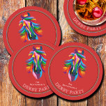 Colorful Racehorse Derby Party Red Round Paper Coaster<br><div class="desc">A bright colorful racehorse head and mane on a red background are featured on these derby party coasters. MATCHING items in our collection.</div>