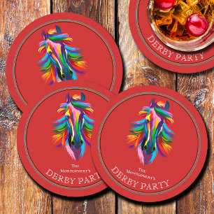 Colorful Racehorse Derby Party Red Round Paper Coaster