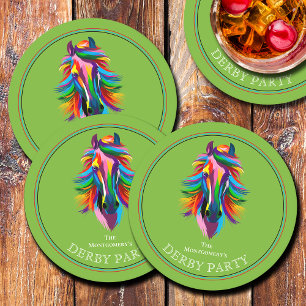 Colorful Racehorse Green Derby Round Paper Coaster