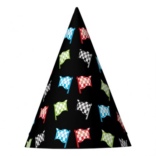 Colorful Racing Flags on Black Birthday Party Hat