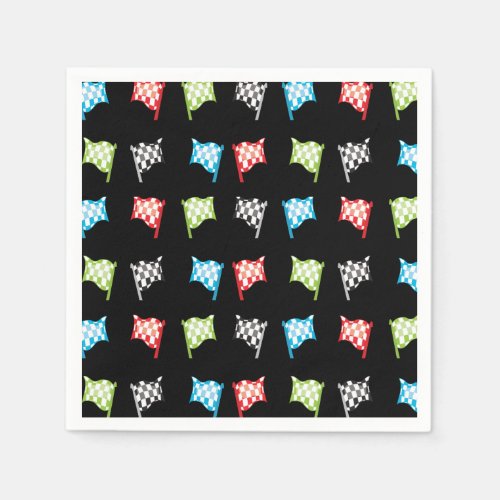 Colorful Racing Flags on Black Birthday Party Napkins