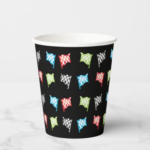 Colorful Racing Flags on Black Birthday Party Paper Cups