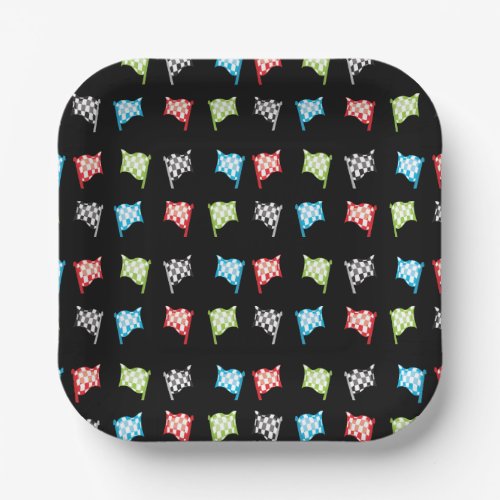 Colorful Racing Flags on Black Birthday Party Paper Plates