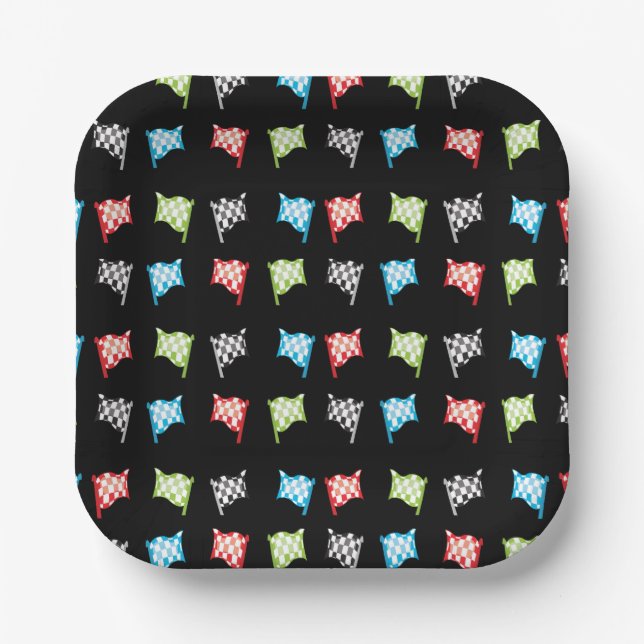 Colorful Racing Flags on Black Birthday Party Paper Plates (Front)