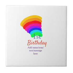 Colorful rainbow 1st birthday add date name messag ceramic tile