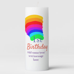 Colorful rainbow 1st birthday add date name messag pillar candle