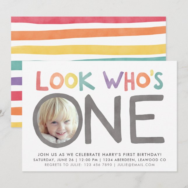 Colorful Rainbow 1st Birthday Invitations | Photo (Front/Back)