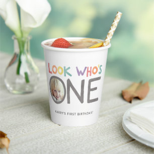 Colorful Rainbow 1st Birthday Photo Paper Cups