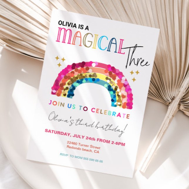 Colorful Rainbow 3rd magical three birthday Invitation (Sequin raibow 3rd birthday invitation)