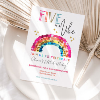 Colorful Rainbow 5th birthday FIVE is A VIBE  Invitation