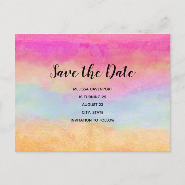 Colorful Rainbow Abstract Stripes Save the Date Invitation Postcard (Front)