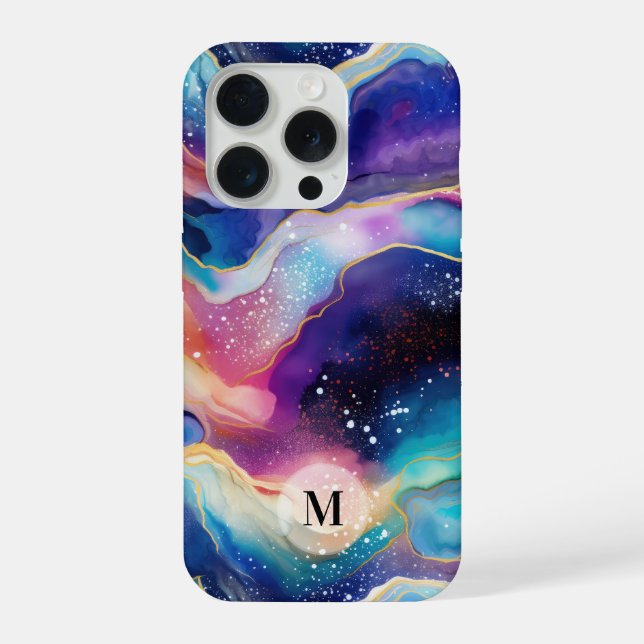 Colorful rainbow agate glitter texture monogram iphone case (Back)