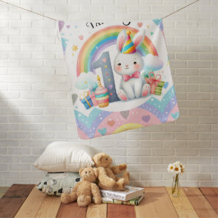 Colorful Rainbow and Bunny 1st Birthday Party Baby Blanket