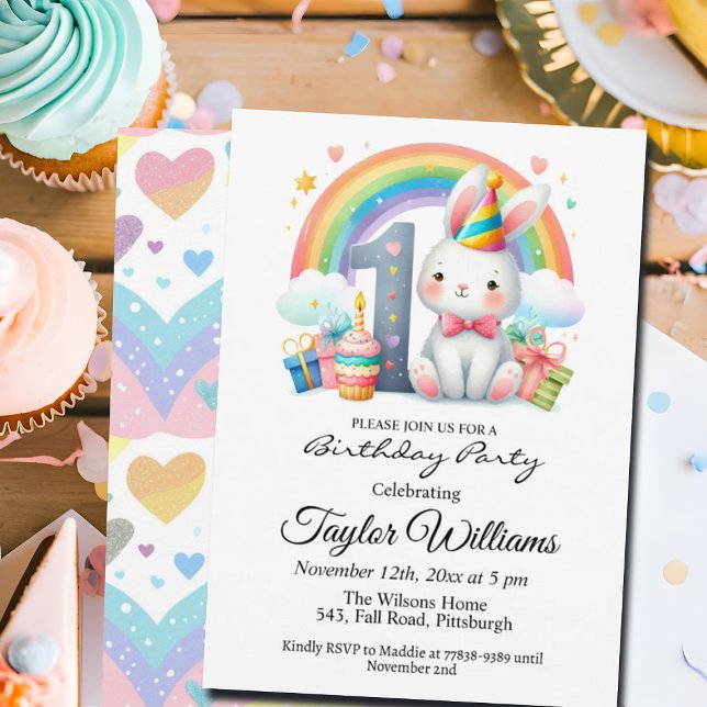 Colorful Rainbow and Bunny 1st Birthday Party Invitation (Creator Uploaded)
