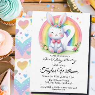 Colorful Rainbow and Bunny 2nd Birthday Party Invitation