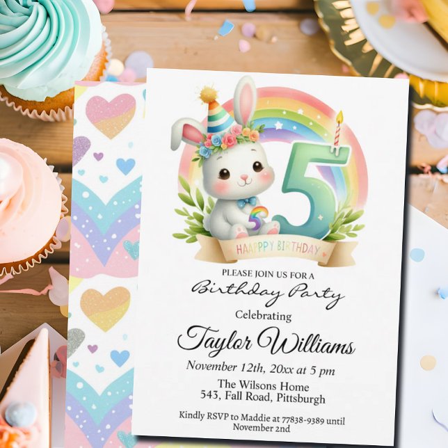Colorful Rainbow and Bunny 5th Birthday Party Invitation (Creator Uploaded)