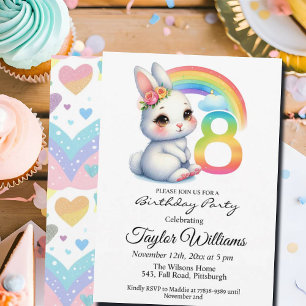Colorful Rainbow and Bunny 8th Birthday Party Invitation