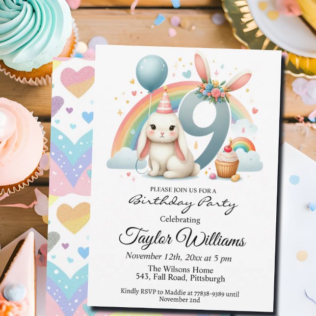 Colorful Rainbow and Bunny 9th Birthday Party Invitation (Creator Uploaded)