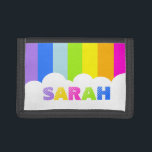 Colorful rainbow and cloud name wallet<br><div class="desc">Encourage saving with this colorful bright kids wallet,  personalize with your own 5 letter name or nickname. Currently reads Sarah. Uniquely designed by Sarah Trett.</div>