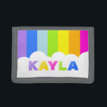 Colorful rainbow and cloud name wallet<br><div class="desc">Encourage saving with this colorful bright kids wallet,  personalize with your own 5 letter name or nickname. Currently reads Kayla. Uniquely designed by Sarah Trett.</div>