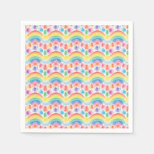 Colorful Rainbow and Clouds Watercolor Painting Napkins