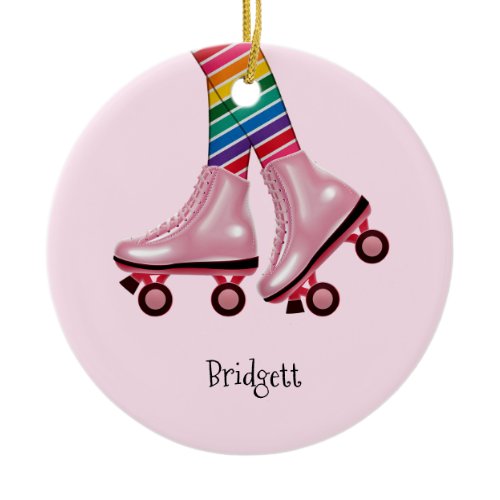 Colorful Rainbow and Pink Roller Skates Ceramic Ornament
