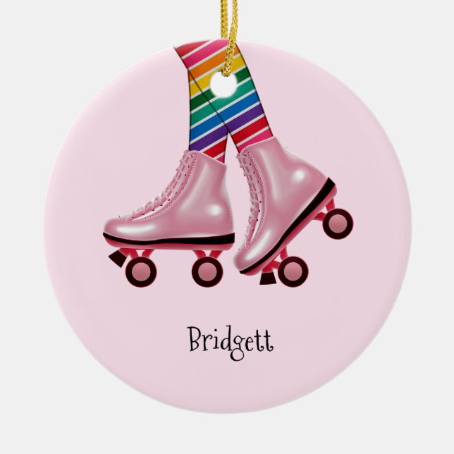 Colorful Rainbow and Pink Roller Skates Ceramic Ornament (Front)