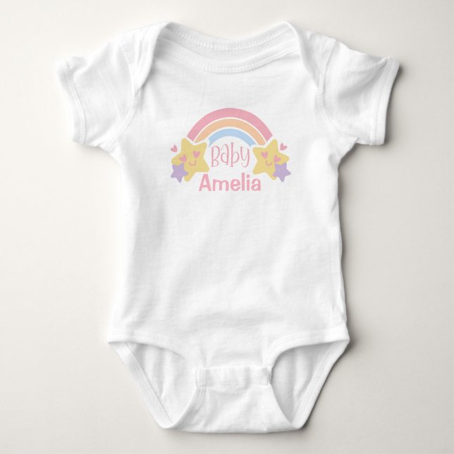 Colorful Rainbow And Stars Custom Name Baby Bodysuit (Front)
