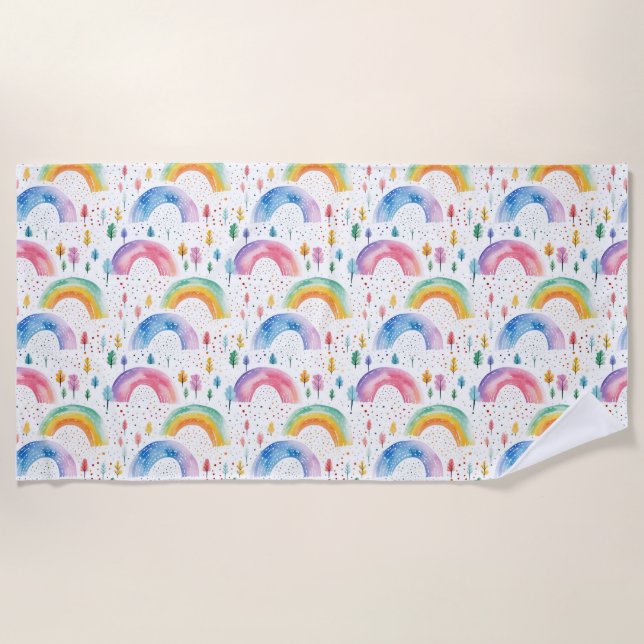 Colorful Rainbow and Tree Seamless Pattern Beach Towel (Front)