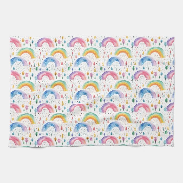 Colorful Rainbow and Tree Seamless Pattern Kitchen Towel (Horizontal)
