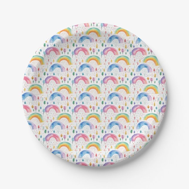 Colorful Rainbow and Tree Seamless Pattern Paper Plates (Front)
