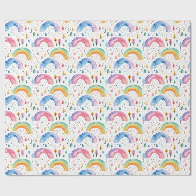 Colorful Rainbow and Tree Seamless Pattern Wrapping Paper (Flat)