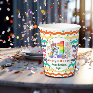 Colorful Rainbow and Unicorn 1st Birthday Party Paper Cups