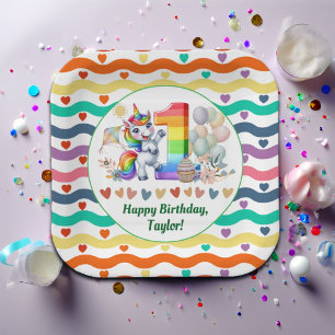 Colorful Rainbow and Unicorn 1st Birthday Party Paper Plates