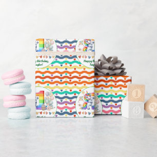 Colorful Rainbow and Unicorn 1st Birthday Party Wrapping Paper