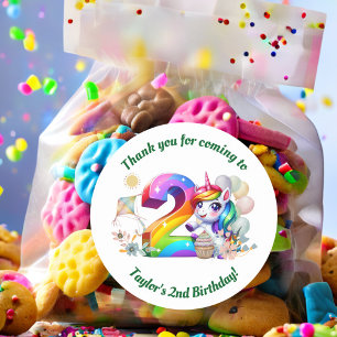 Colorful Rainbow and Unicorn 2nd Birthday Party Classic Round Sticker