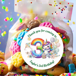 Colorful Rainbow and Unicorn 3rd Birthday Party Classic Round Sticker