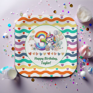 Colorful Rainbow and Unicorn 3rd Birthday Party Paper Plates