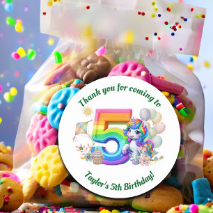 Colorful Rainbow and Unicorn 5th Birthday Party Classic Round Sticker
