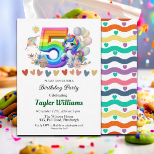 Colorful Rainbow and Unicorn 5th Birthday Party Invitation