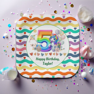 Colorful Rainbow and Unicorn 5th Birthday Party Paper Plates