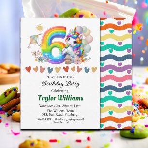 Colorful Rainbow and Unicorn 6th Birthday Party Invitation