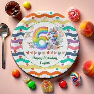 Colorful Rainbow and Unicorn 6th Birthday Party Paper Plates