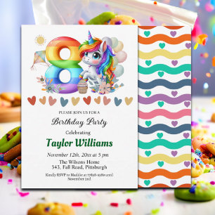 Colorful Rainbow and Unicorn 8th Birthday Party Invitation
