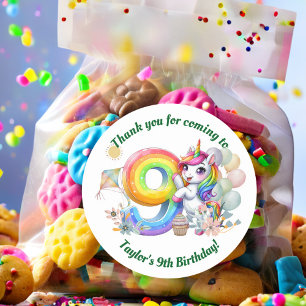 Colorful Rainbow and Unicorn 9th Birthday Party Classic Round Sticker