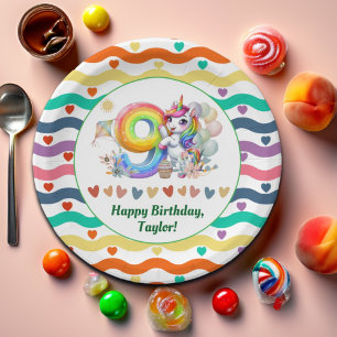 Colorful Rainbow and Unicorn 9th Birthday Party Paper Plates
