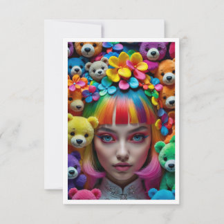 Colorful Rainbow Anime Girl With Flowers and Bears Thank You Card