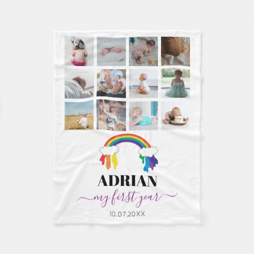 Colorful Rainbow Baby First Year Photo Collage Fleece Blanket